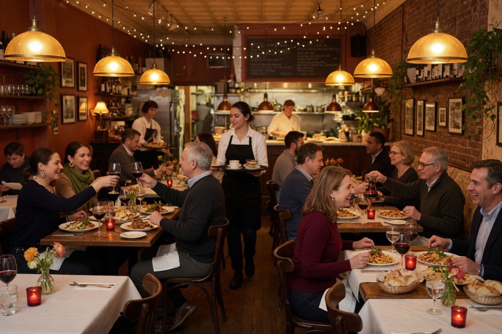 A busy neighborhood restaurant at dinner time