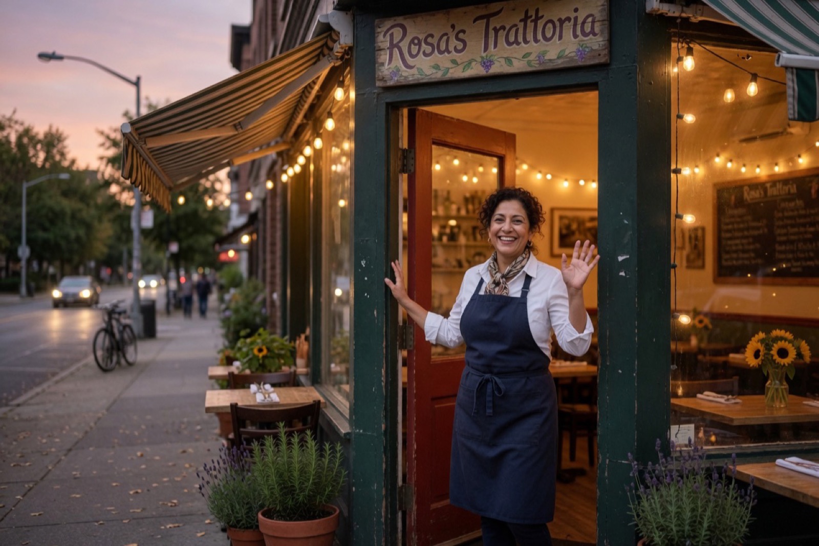 A restaurant owner welcoming guests at the door