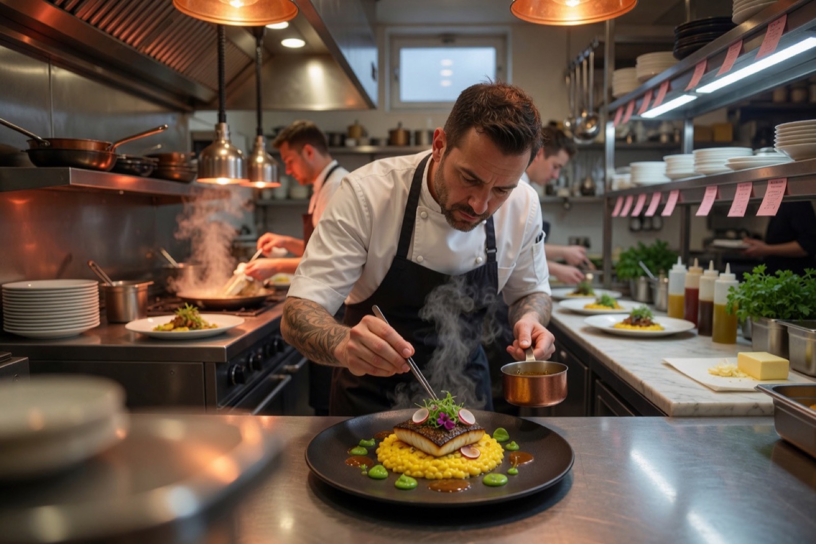 A chef plating food in a restaurant kitchen