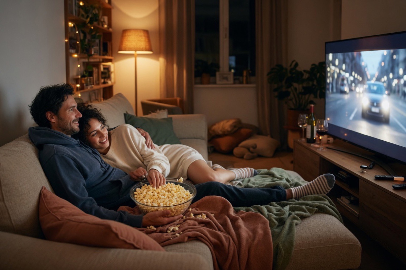 A couple watching a movie with popcorn on movie night