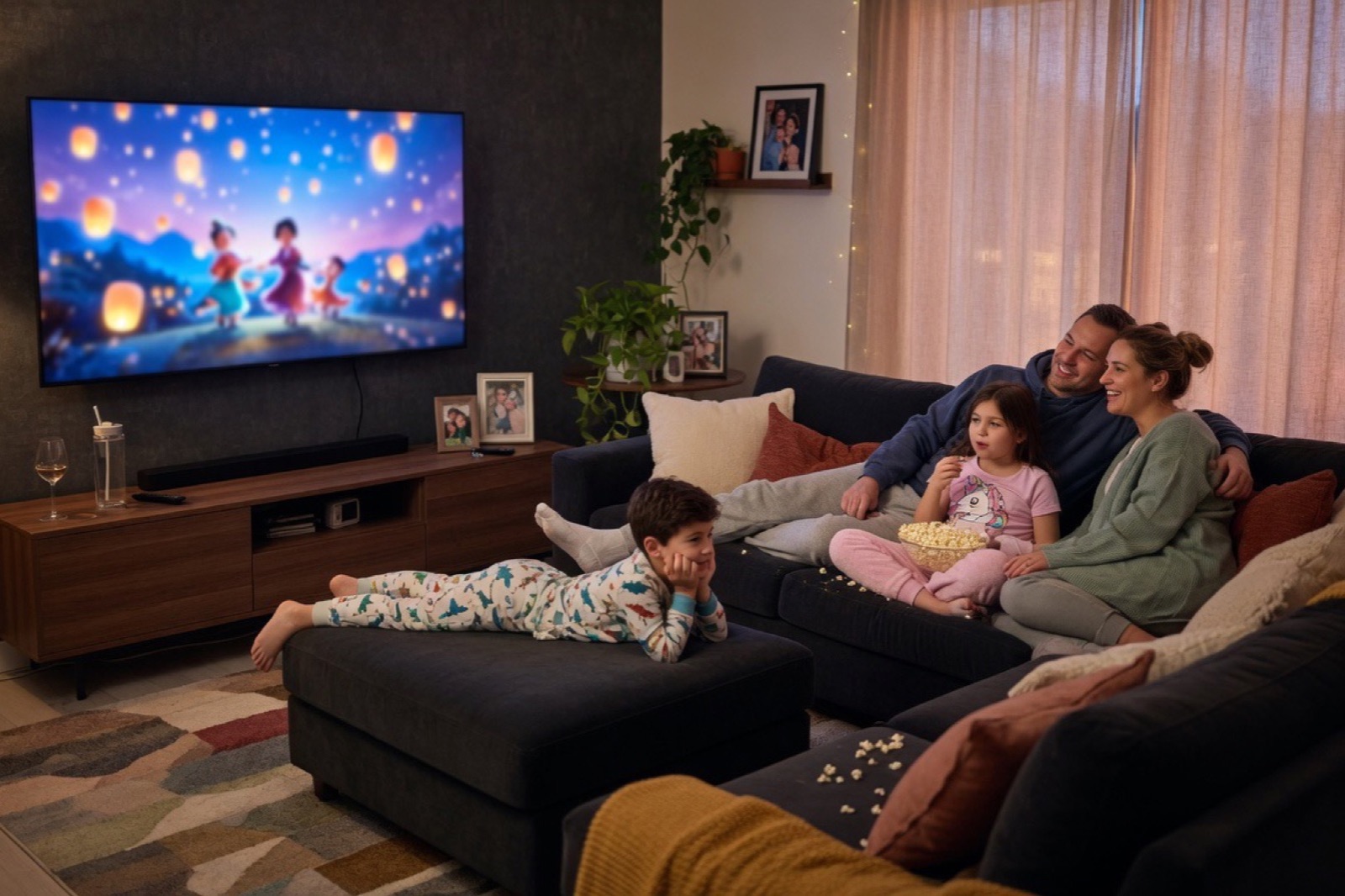 A family watching a movie together on the living-room TV