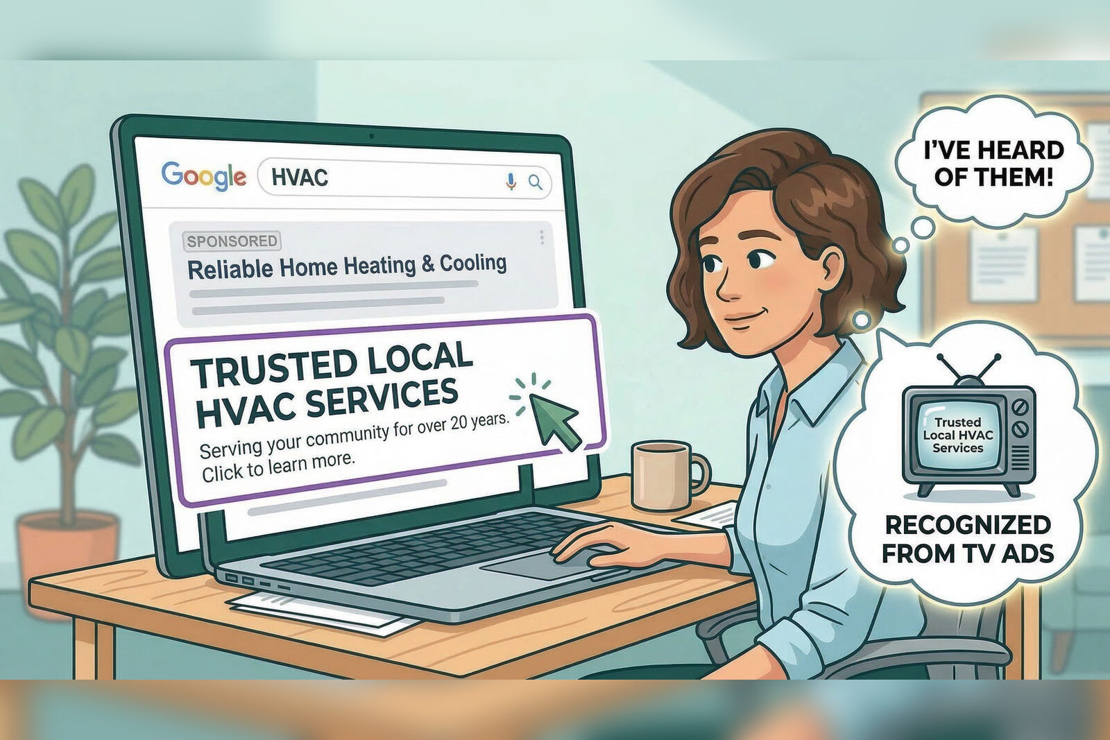 A woman googling HVAC clicks the local company she recognizes from its TV ads