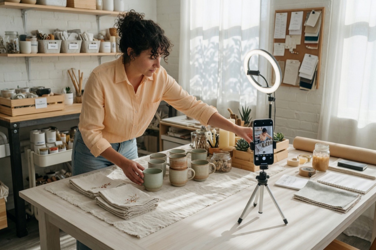 A business owner filming their products for a TV ad