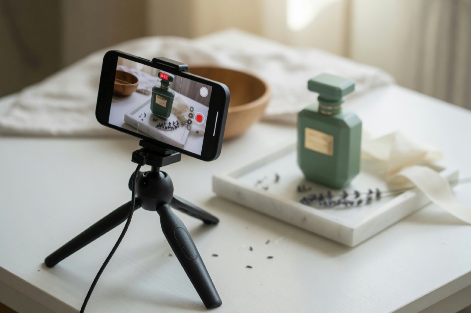 A smartphone on a tripod filming a product