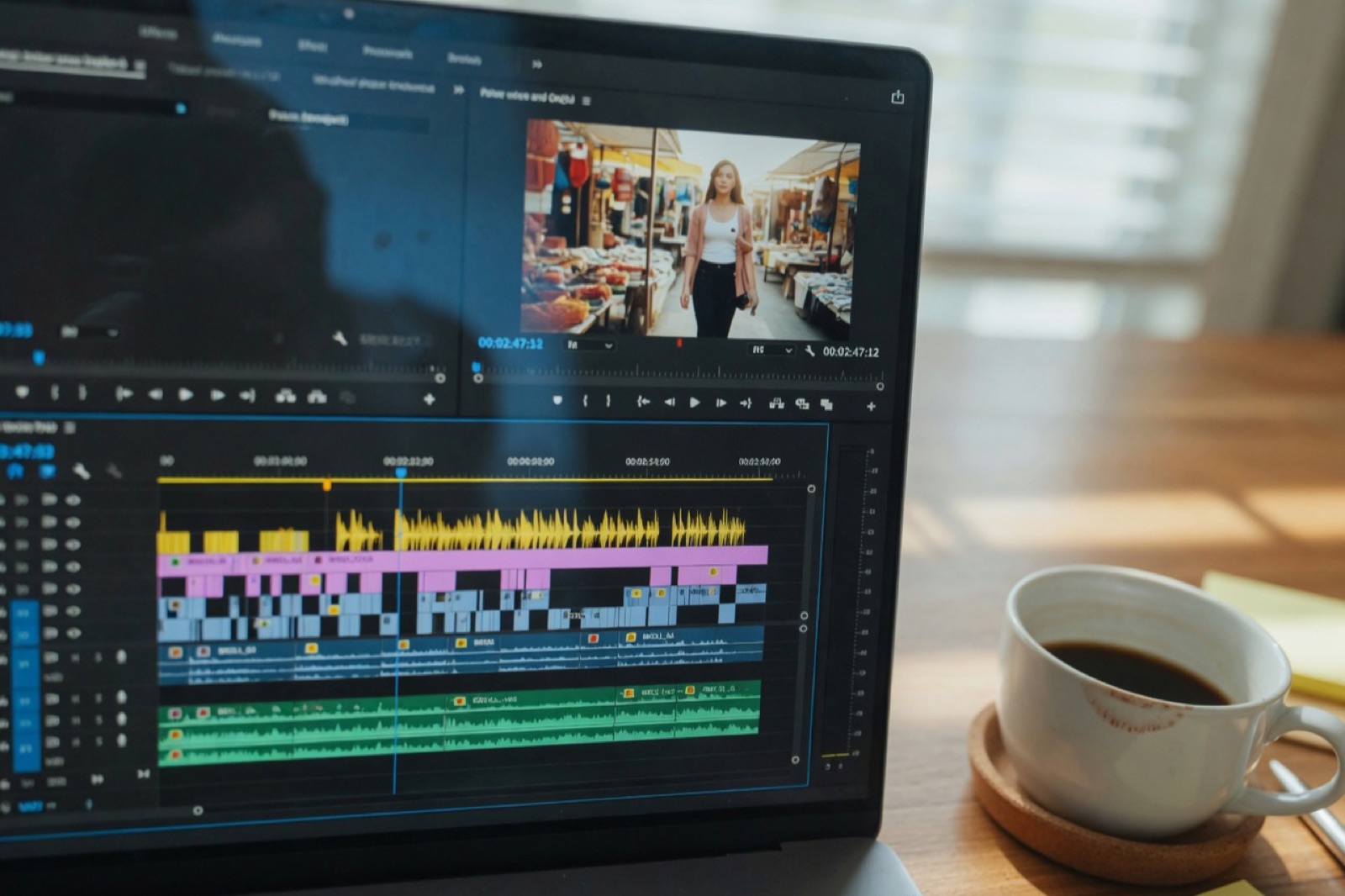 A video editing timeline on a laptop screen
