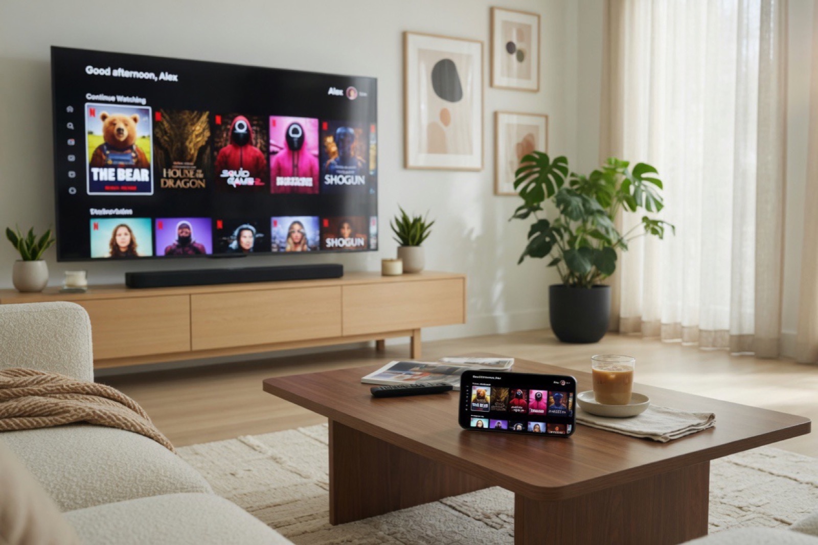 A smart TV and a phone both showing streaming