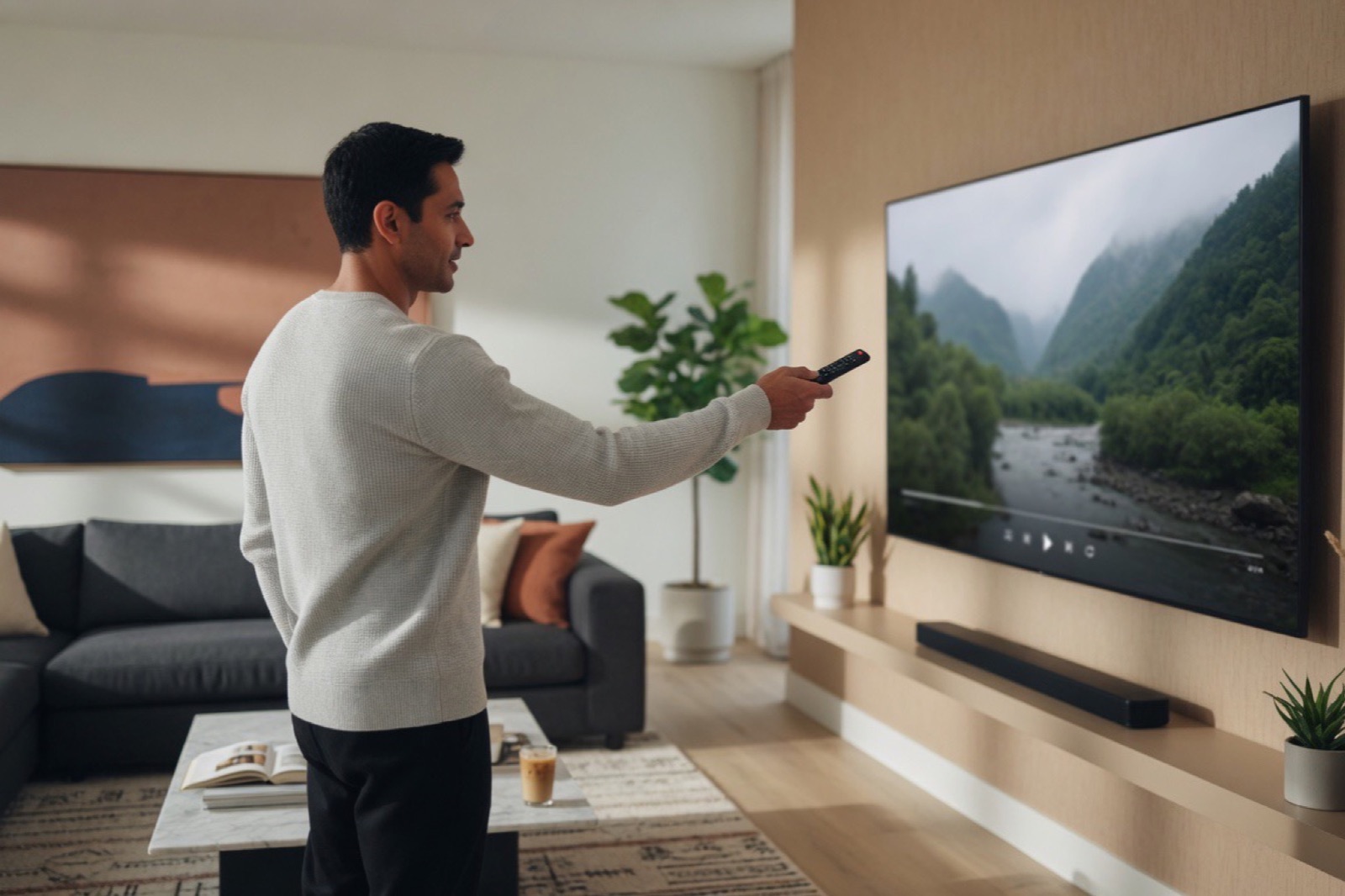 A man using a remote with a wall-mounted smart TV