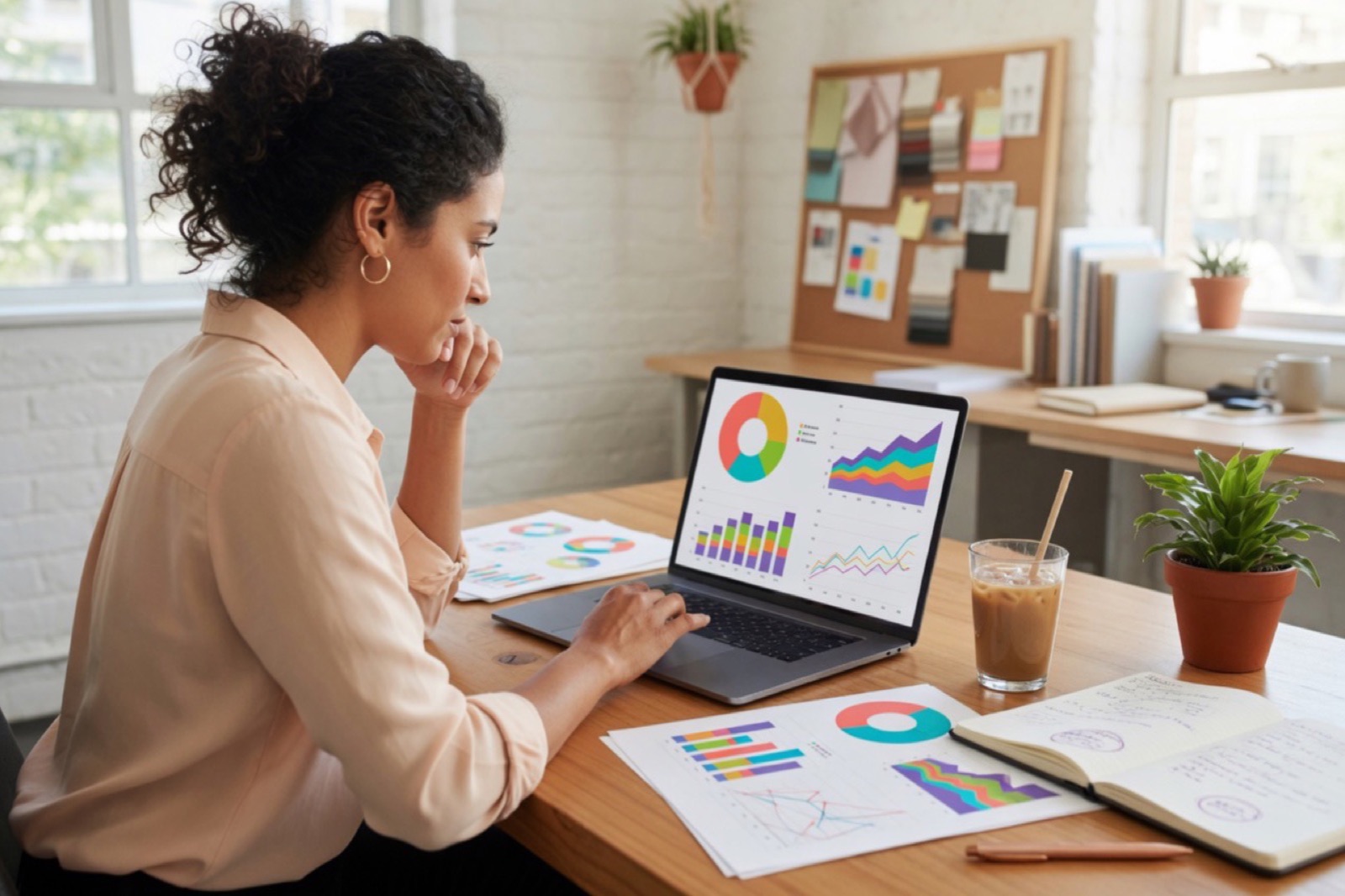 A small business owner reviewing campaign data on a laptop