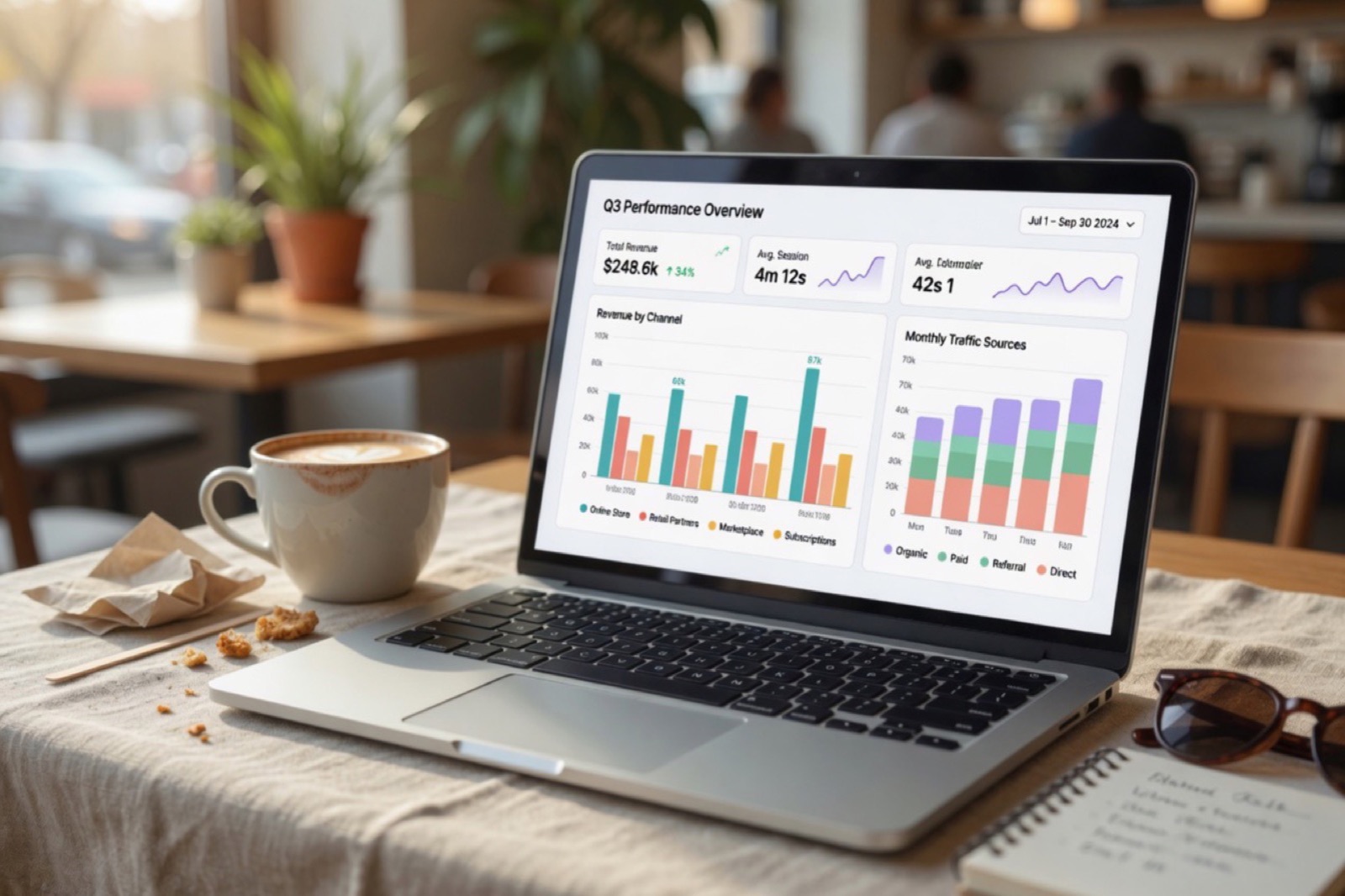 An analytics dashboard with charts on a laptop
