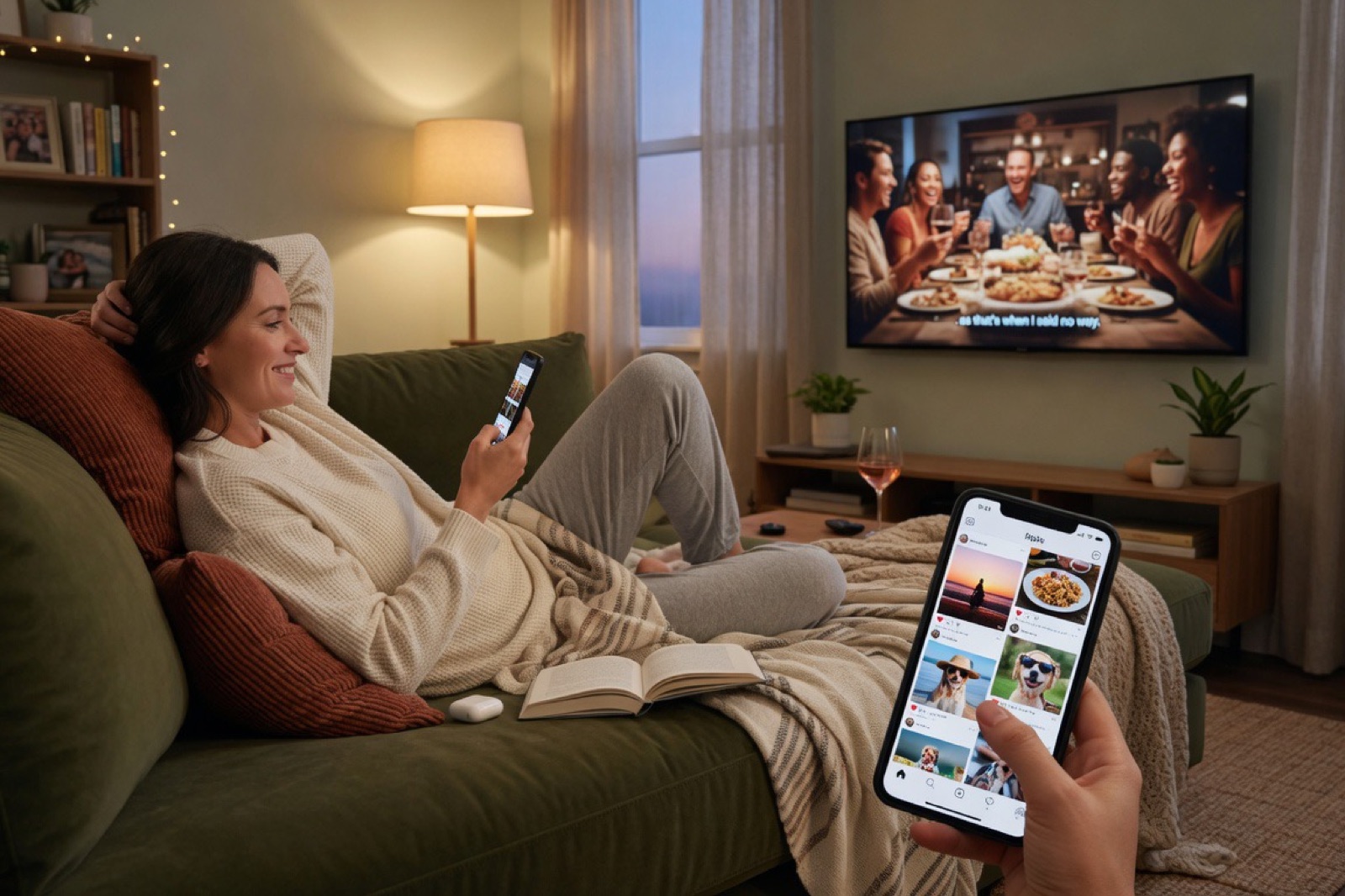 Watching streaming TV while holding a phone with a social feed