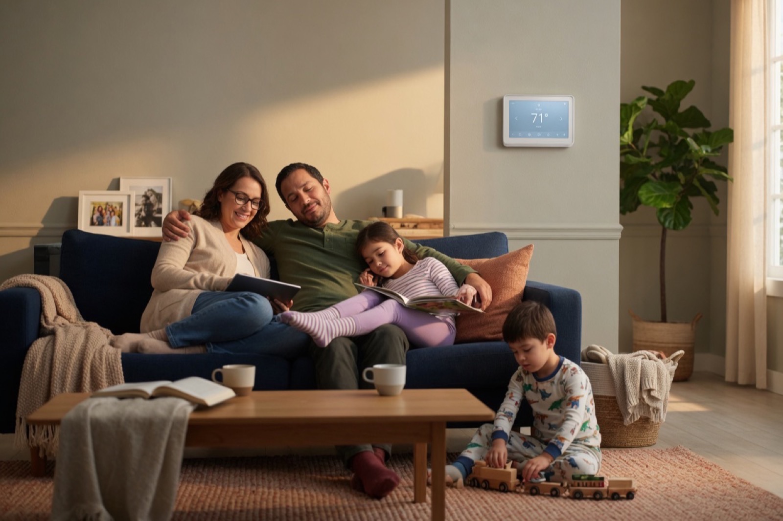 A comfortable family at home with a smart thermostat