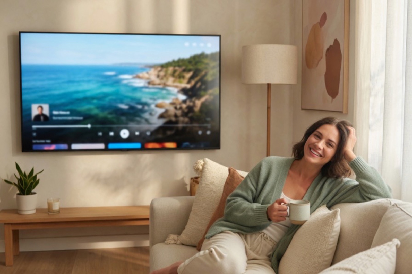 A woman watching streaming TV in a bright living room
