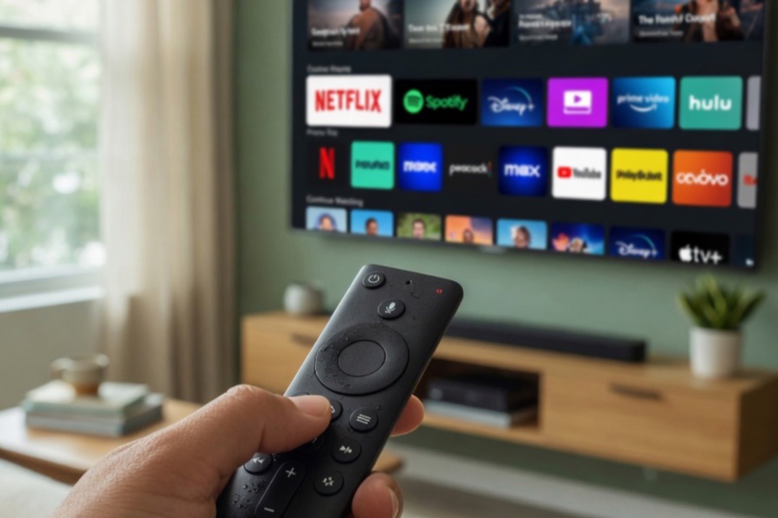 A hand pointing a remote at a smart TV full of streaming apps